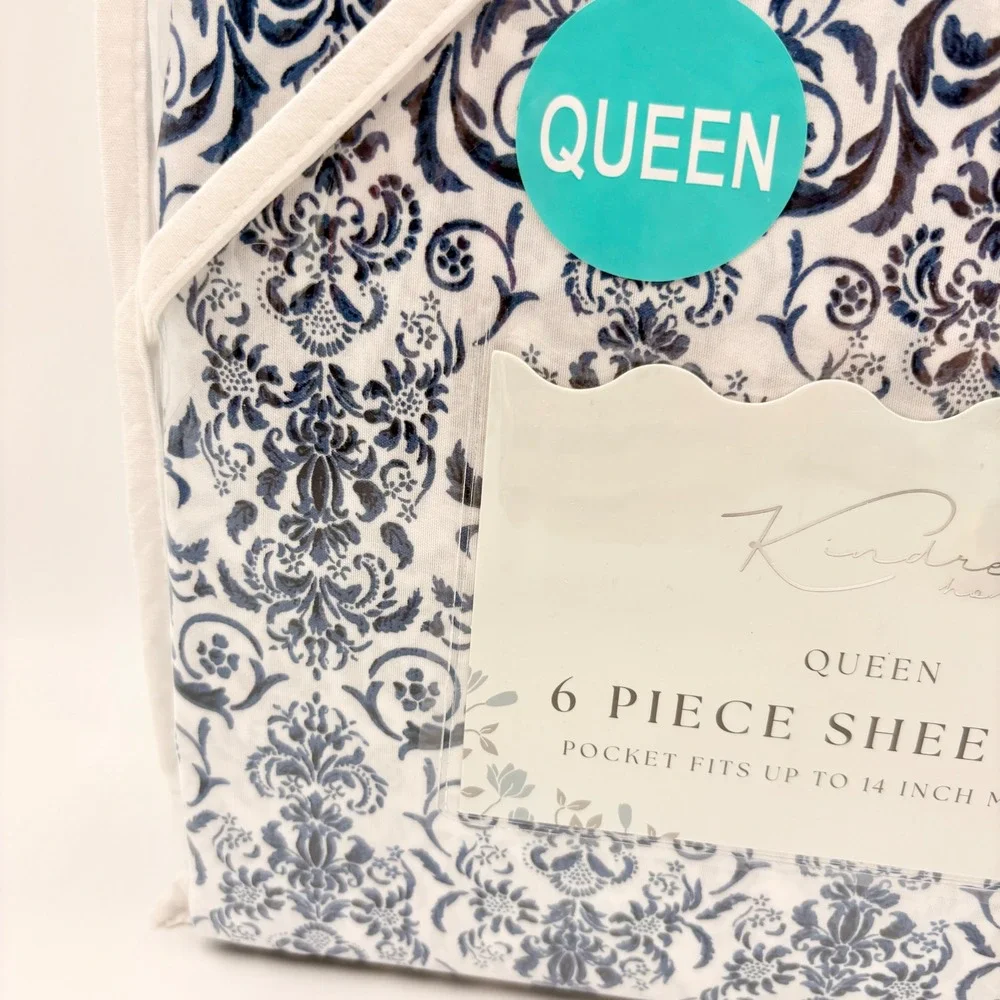 Kindred Home Queen 6 Piece Sheet Set Navy Blue White Damask Scroll 14in Pocket